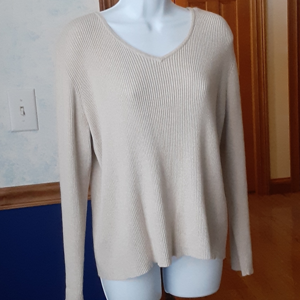 Karen Scott tan heather ribbed v-neck sweater